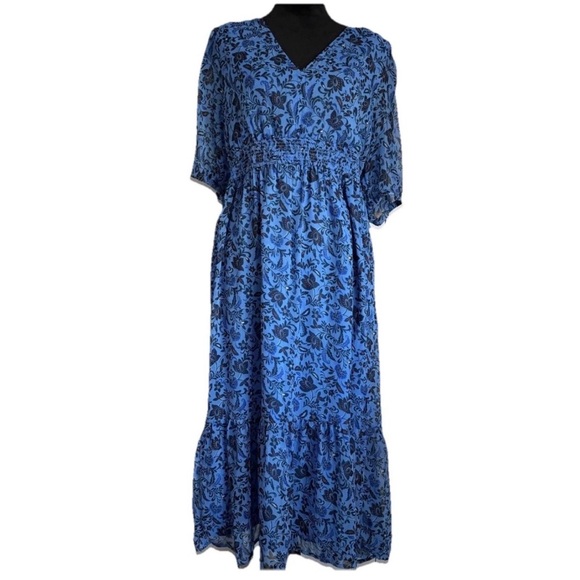 Old Navy Waist-Defined V-Neck Midi Dress Womens XL Floral Smocked Boho Cottage - Picture 2 of 12